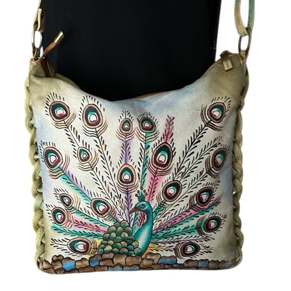 Magnifique Hand Painted Peacock Leather Crossbody Bag with Side Braid Accent - Picture 4 of 13